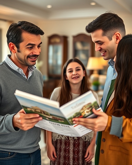 dynamic property sale scene, eager expression, showing luxury property brochures to a family, photorealistic, well-furnished open house with tasteful decor, highly detailed, conversations subtly captured, rich colors, ambient light, shot with a 35mm lens.