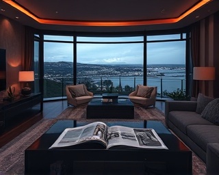 luxury house listing, proud appearance, showcasing property features to a couple, photorealistic, opulent living room with a panoramic view, highly detailed, magazine on the coffee table fluttering, deep and rich tones, dim ambient lighting, shot with a 50mm lens.