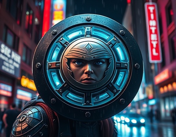 formidable Protector Shield, focused expression, raising energy shield, photorealistic, futuristic metropolis with neon signs illuminating the streets, highly detailed, rain droplets bouncing off the shield, high resolution, vibrant multicolor hues, ambient lighting, shot with a 50mm prime lens.