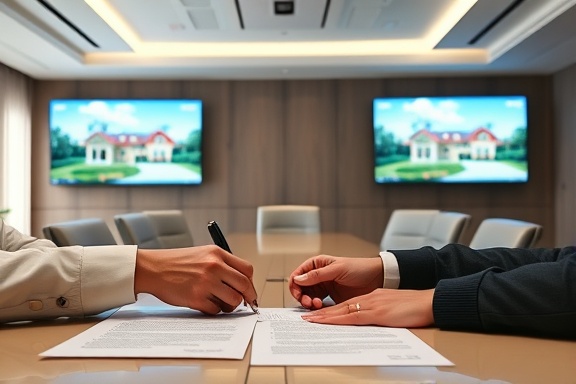 real estate contract signing, content expression, capturing the moment of agreement, photorealistic, conference room with sleek decor and bright screens showcasing properties, highly detailed, focused on hands and documents, neutral colors, overhead lighting, shot with a 70mm lens.
