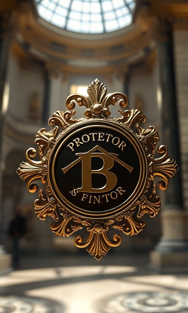 ornate protector badge, proud, glistening under sunlight, photorealistic, marble museum interior, highly detailed, sunlight filtering through, macro lens focus, deep gold and onyx, soft shadow lighting, shot with a 100mm lens