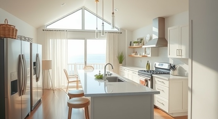 spacious MLS property, inviting, showcasing the sunlit kitchen with modern appliances, photorealistic, located in a sunny coastal town with ocean visible in the distance, highly detailed, light breeze gently swaying curtains, large depth of field, bright whites and soft blues, natural sunlight, shot with a tilt-shift 90mm lens.