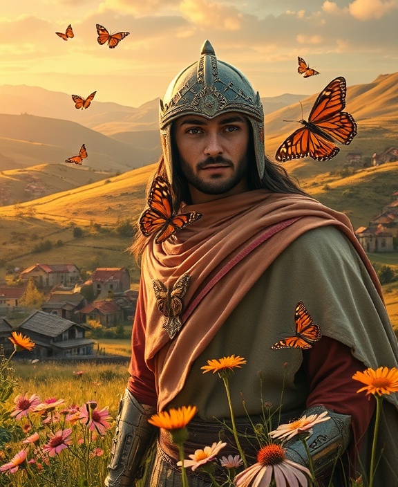 dynamic Protector Guardian, hopeful expression, uniting a community, photorealistic, rural village surrounded by rolling hills and wildflowers, highly detailed, butterflys flitting about, perfect focus, vibrant pastels and earthy tones, golden hour lighting, shot with a 105mm macro lens.