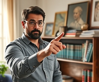 insightful seller investment, determined expression, pointing at a graph, photorealistic, home office with books and art pieces, highly detailed, sunlight streaming in, f/4 aperture, soft shadows, shot with a 85mm lens.
