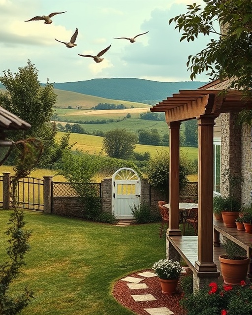 idyllic MLS property, peaceful, featuring a charming garden with a pergola, photorealistic, located on the countryside with rolling hills in the background, highly detailed, birds gently flying overhead, macro lens clarity, earthy tones, diffused lighting, shot with a 50mm f/2.0 lens.