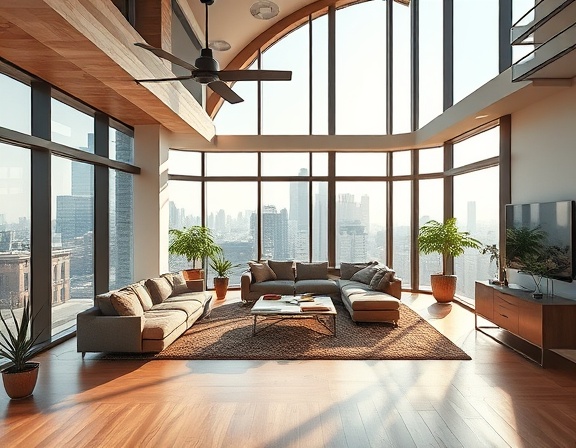 modern MLS listing, inviting, highlighting the spacious open-plan living area, photorealistic, set in an urban environment with floor-to-ceiling windows offering a cityscape view, highly detailed, afternoon sunlight streaming in, HDR imaging, warm neutral palettes, shot with a wide-angle 24mm lens.