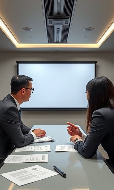 expert mortgage advice, confident, presenting to clients, photorealistic, sleek modern conference room with projection screen, highly detailed, animated interactions, clear documents on table, muted tones, overhead LED lighting, shot with an 85mm lens