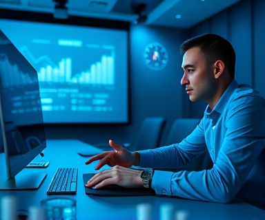 thorough asset appraisal, focused expression, interacting with financial graphs, photorealistic, sleek modern conference room with projector setup, highly detailed, screen glow illuminating subject, cool blue and grey hues, spotlight over table, shot with a 85mm lens.