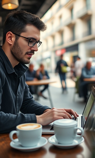 focused buyer investment, calculating expression, typing on a laptop, photorealistic, urban cafe with people in the background, highly detailed, coffee cup on table, ISO 200, afternoon light, shot with a 24mm lens.