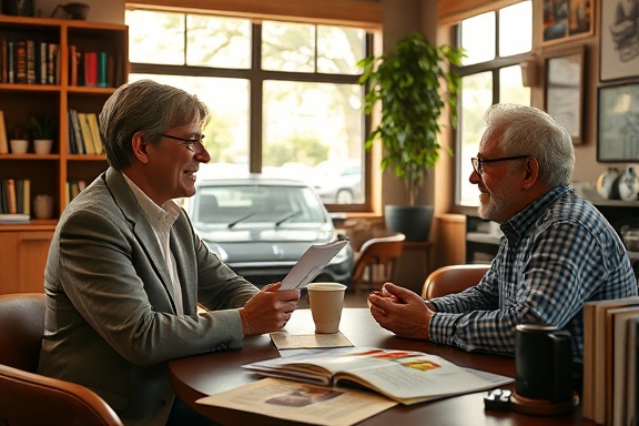 informative mortgage tips, friendly, explaining options, photorealistic, cozy coffee shop setting, highly detailed, scattered pamphlets with tips, vibrant tones, afternoon sunlight filtering through windows, shot with a 35mm lens