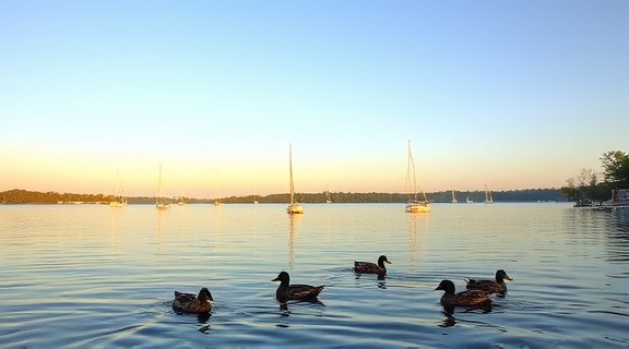 picturesque Orlando realty, captivating, capturing serenity, photorealistic, along a lakeside view with sailboats, highly detailed, ducks swimming peacefully, stunning resolution, pastel blues and greens, dawn's first light, shot with a telephoto lens