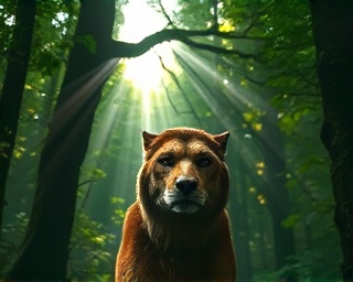 stoic Protector Guardian, calm expression, surveying the area, photorealistic, ancient forest with rays of sunlight piercing through the canopy, highly detailed, leaves rustling in the wind, clear depth of field, natural green palette, dappled sunlight, shot with a 85mm portrait lens.