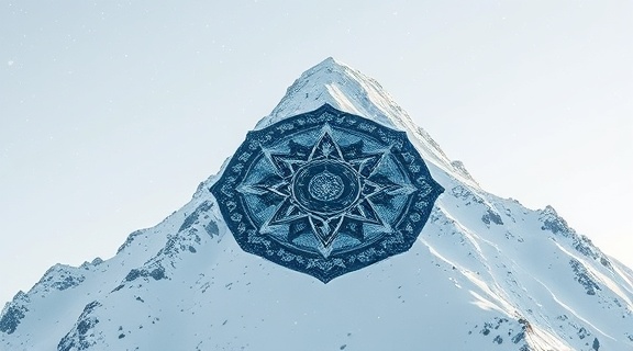 sacred protector shield, serene, absorbing energy, photorealistic, snowy mountain peak, highly detailed, snowflakes falling, ultra-clear clarity, azure and white, bright natural lighting, shot with a 21mm lens