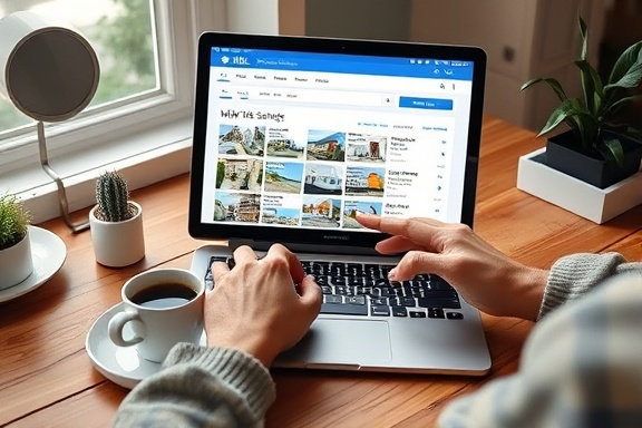 cozy MLS search interface, intuitive, user exploring options on their digital device, photorealistic, depicted on a wooden desk with a cup of hot coffee nearby, highly detailed, gentle motion of the interface animations, ultra-high resolution screen, vibrant digital color spectrum, illuminated by screen light, shot with a 50mm f/1.4 lens.