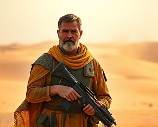 vigilant Protector Defense, intense expression, standing firm against adversaries, photorealistic, desert landscape with sand dunes stretching to the horizon, highly detailed, dust particles carried by the wind, sharp image clarity, warm earth tones, diffused lighting, shot with a 200mm telephoto lens.