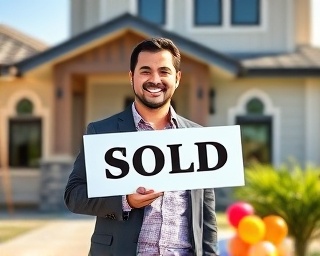 successful property sale celebration, joyful expression, real estate agent with a sold sign, photorealistic, in front of a modern home with 'sold' sign out front, highly detailed, balloons and confetti scattered below, bright and cheerful colors, sunny daylight, shot with a 24mm lens.