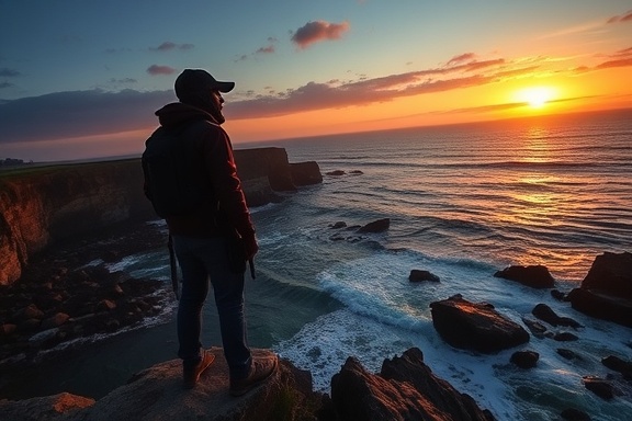 watchful protector vigil, alert, scanning horizon, photorealistic, coastal cliff at sunset, highly detailed, waves crashing against rocks, panoramic view, navy and amber, warm evening lighting, shot with a 24mm lens