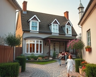 charming realtor house, cozy, demonstrating intricate workmanship, photorealistic, in a quaint suburb with cobblestone paths, highly detailed, children playing in the distance, ultra-HD clarity, soft pastels, afternoon lighting, shot with a wide-angle lens