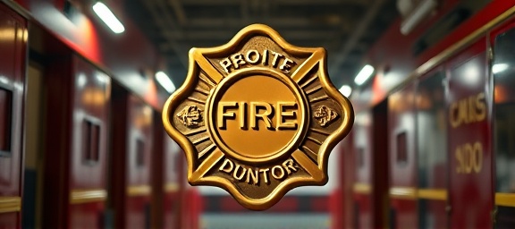 heroic protector badge, symbolic, catching light, photorealistic, fire station hall, highly detailed, reflections on polished brass, super high resolution, scarlet and gold, ambient indoor lighting, shot with a 135mm lens