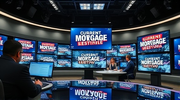 current mortgage news, serious, reporting live updates, photorealistic, newsroom with multiple displays and reporters, highly detailed, scrolling banners of news updates, neutral tones, bright studio lighting, shot with a 24-70mm lens