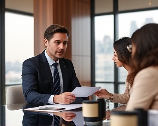 negotiation in real estate transaction, composed look, discussing terms with clients, photorealistic, elegant office space with a view of a skyline, highly detailed, pens and coffee cups on the table, sophisticated color palette, diffused lighting, shot with a 50mm lens.