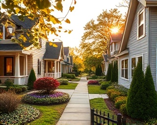 house listing photography, enthusiastic expression, setting up a perfect shot, photorealistic, charming suburban neighborhood with manicured gardens, highly detailed, leaves rustling gently, vivid colors, golden hour light, shot with a wide-angle lens.