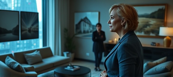 elegant MLS agent, confident, engaging with prospective buyers at an open house, photorealistic, set in a tastefully decorated modern living room with art pieces, highly detailed, ambient city sounds outside the window, sharp focus, cool blue and grey hues, soft ambient lighting, shot with an 85mm portrait lens.