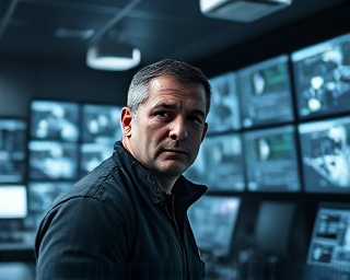 alert Protector Security, cautious expression, analyzing security feeds, photorealistic, high-tech control room filled with monitors and data streams, highly detailed, screens flickering with data, pinpoint precision, sleek monochrome textures, overhead spotlights, shot with a 35mm lens.