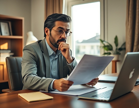 thoughtful real estate agent, focused look, reviewing a contract, photorealistic, at a stylish wooden desk filled with documents and a laptop, highly detailed, slight breeze from an open window, warm tones, soft afternoon light, shot with an 85mm lens.
