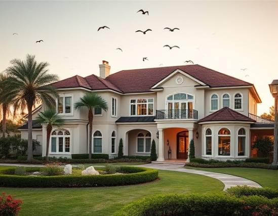 spacious Orlando property, impressive, capturing architectural beauty, photorealistic, amidst a well-manicured garden, highly detailed, birds flying in the sky, ultra-sharp, bright colors, golden hour lighting, shot with a tilt-shift lens