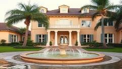 elegant Orlando estate, enchanting, presenting classic elegance, photorealistic, surrounded by palm trees and a fountain, highly detailed, leaves rustling gently, crystal-clear imagery, rich pastels, dawn lighting, shot with a prime lens