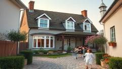 charming realtor house, cozy, demonstrating intricate workmanship, photorealistic, in a quaint suburb with cobblestone paths, highly detailed, children playing in the distance, ultra-HD clarity, soft pastels, afternoon lighting, shot with a wide-angle lens