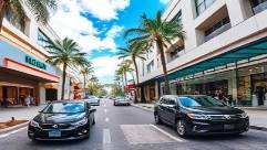 modern Orlando realty, sleek, highlighting contemporary aesthetics, photorealistic, on a bustling street lined with boutiques, highly detailed, cars passing by, crisp and sharp photo, vibrant hues, midday lighting, shot with a fisheye lens