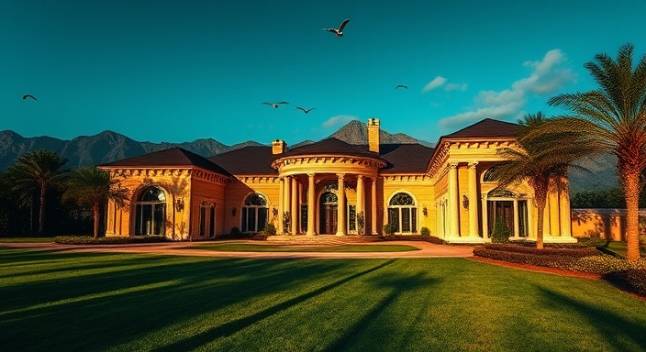 majestic Orlando estate, opulent, depicting luxurious livability, photorealistic, with mountains in the backdrop, highly detailed, birds casting shadows on the ground, incredible focus, deep blues and greens, sunset lighting, shot with a long-focus lens