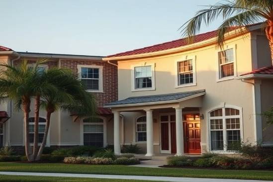 traditional Orlando property, enduring, featuring colonial charm, photorealistic, nestled in a serene community, highly detailed, neighbors chatting nearby, pristinely clear, understated hues, late afternoon lighting, shot with an 85mm lens