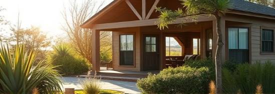 eco-friendly realtor home, inviting, showcasing sustainable design, photorealistic, surrounded by native plants, highly detailed, sun casting intricate shadows, ultra-high resolution, natural earth tones, bright morning sunlight, shot with a 35mm lens