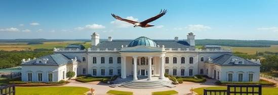 grand Orlando estate, awe-inspiring, displaying regal stature, photorealistic, against a backdrop of rolling hills, highly detailed, an eagle soaring above, pin-sharp focus, classic whites and blues, noon lighting, shot with a panoramic lens