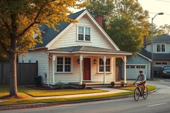 quaint realtor house, charming, highlighting vintage details, photorealistic, in a quiet cul-de-sac, highly detailed, cyclists passing by, breathtaking clarity, muted retro colors, golden midday light, shot with a compact lens