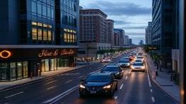 sophisticated Orlando realty, refined, focusing on high-end finishes, photorealistic, in the heart of the urban landscape, highly detailed, traffic flowing smoothly, razor-sharp detail, luxurious blacks and greys, dusk lighting, shot with a telephoto lens