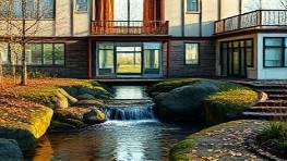 breathtaking realtor home, stunning, showcasing artistic interiors, photorealistic, beside a bubbling brook, highly detailed, leaves gently falling, impeccable precision, organic earth tones, filtered afternoon sunlight, shot with a soft-focus lens