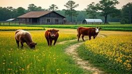 rustic Orlando property, charming, capturing cozy essence, photorealistic, amidst fields of wildflowers, highly detailed, farm animals grazing, exquisite clarity, rustic browns and greens, soft morning light, shot with a 70-200mm lens