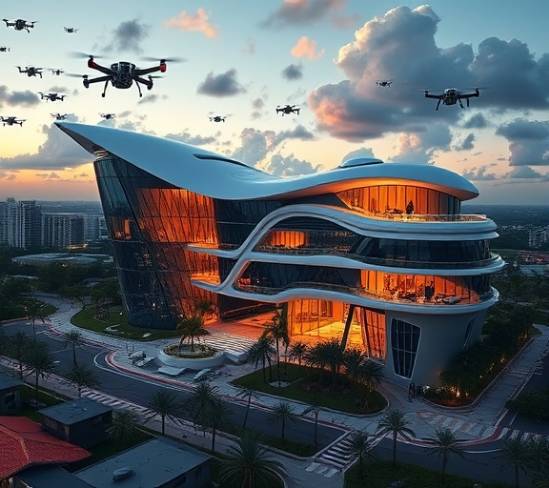 futurist Orlando estate, cutting-edge, illustrating modern luxury, photorealistic, towering over cityscape, highly detailed, drones flying in the sky, sharp imagery, futuristic chrome and glass, bright evening light, shot with a wide-angle lens
