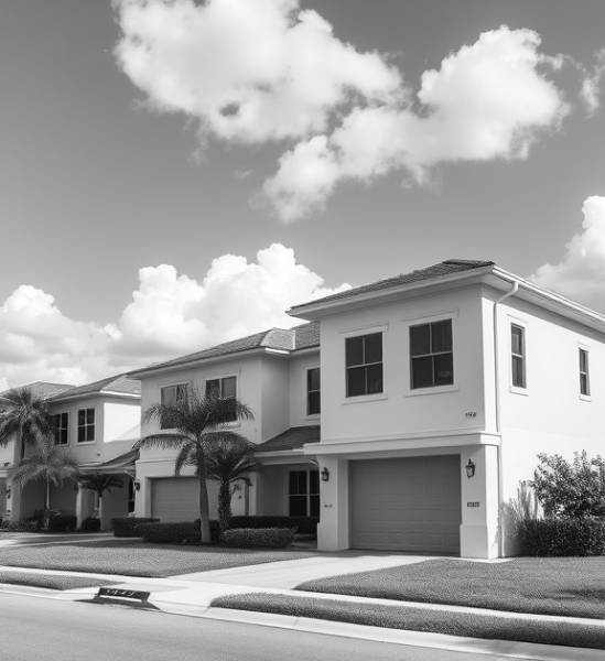 minimalistic Orlando realty, understated, celebrating clean lines, photorealistic, in a chic neighborhood, highly detailed, clouds drifting by, crystal clear quality, monochrome palette, ambient daylight, shot with a macro lens