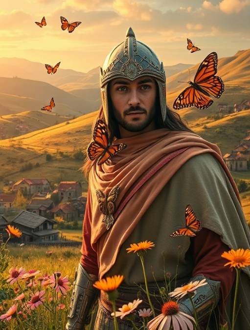 dynamic Protector Guardian, hopeful expression, uniting a community, photorealistic, rural village surrounded by rolling hills and wildflowers, highly detailed, butterflys flitting about, perfect focus, vibrant pastels and earthy tones, golden hour lighting, shot with a 105mm macro lens.