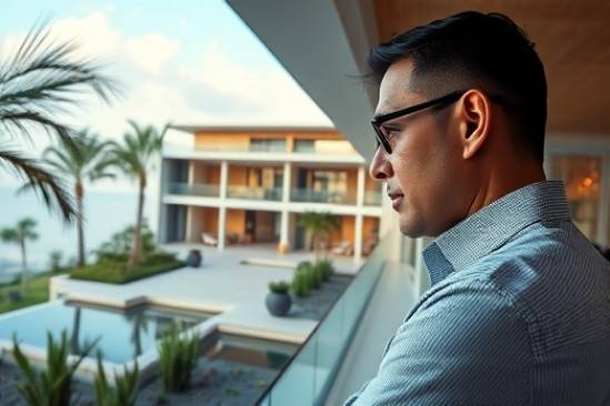 upscale property analysis, inquisitive expression, examining structural elements, photorealistic, luxury modern property with panoramic views, highly detailed, gentle wind shifting vegetation, vibrant colors, balanced interior lighting, shot with a 24mm lens.