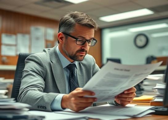 comprehensive real estate audit, thoughtful expression, scanning through contracts, photorealistic, cluttered desk with office supplies in a corporate environment, highly detailed, subtle movement in windblown paper edges, warm wooden tones, overhead fluorescent lighting, shot with a 35mm lens.