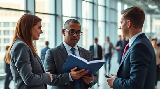 intensive financial evaluation, confident expression, discussing with colleagues, photorealistic, bustling open-plan office with large windows, highly detailed, slight movement in bustling background figures, sleek professional colors, morning light across workspace, shot with a 50mm lens.